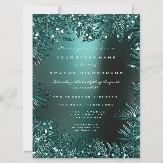 Fernの葉のフレームに飾られたクリスタル ターコイズ アクアティック フォーマル 招待状 (正面)
