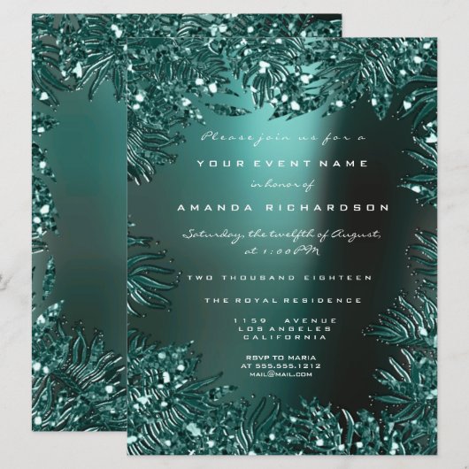  Fernの葉のフレームに飾られたクリスタル ティールアクア フォーマル 招待状 (正面/裏面)