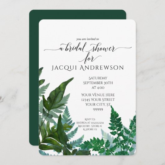  Fernの葉の森のボタニカル ブライダルシャワー 招待状 (正面/裏面)