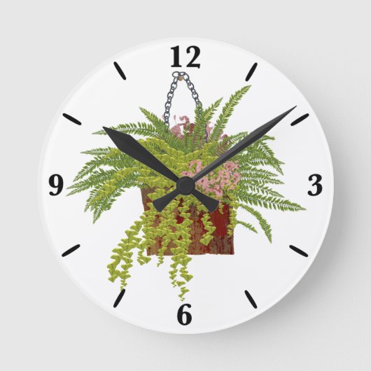 Fern Ivy Hanging Plant Botanical Illustration Art ラウンド壁時計 (正面)