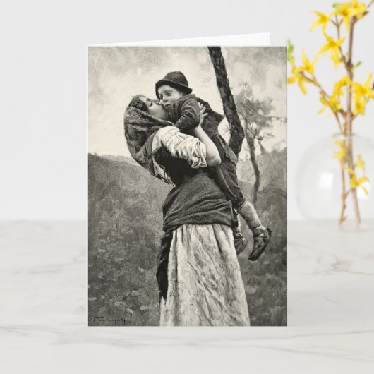 Ferraguti愛母息子の子供のキスのヴィンテージの芸術 カード (黄色い花)