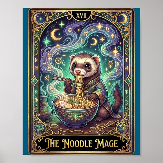 Ferret Eating Ramen Tarot Card Japanese Kawaii Pet ポスター (正面)