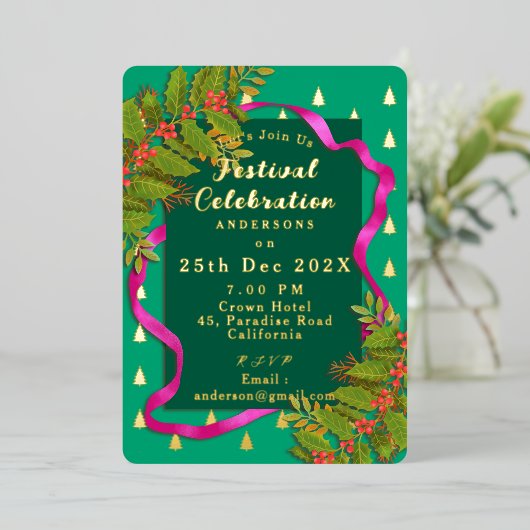 Festival Celebration Christmas Green 箔招待状 (立ち正面)