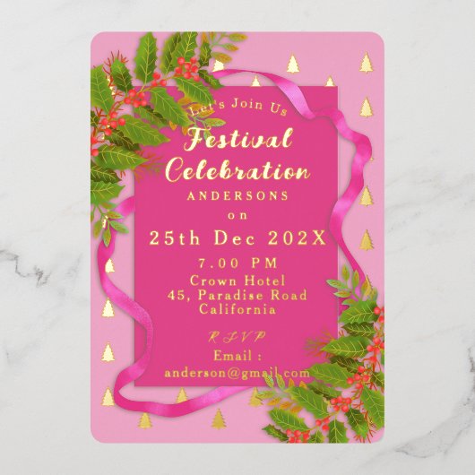 Festival Celebration Christmas Pink  箔招待状 (正面)