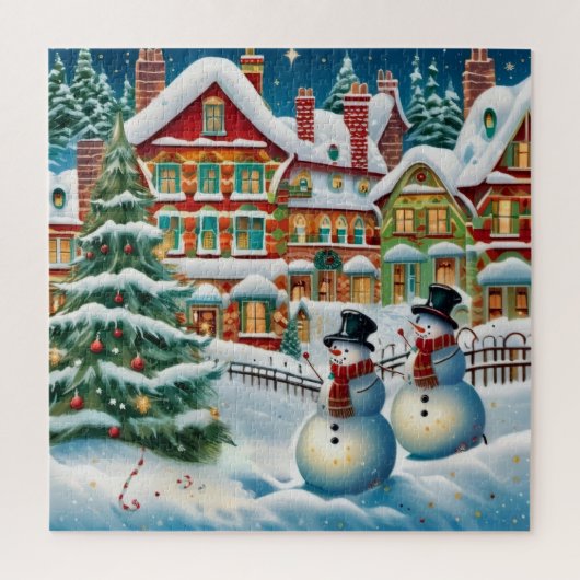 festiveな雪に覆われた村の風景 ジグソーパズル (縦)