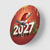 Festive 2027 New Year Design | Red Gold Christmas  ラウンド壁時計 (傾斜)