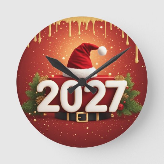 Festive 2027 New Year Design | Red Gold Christmas  ラウンド壁時計 (正面)