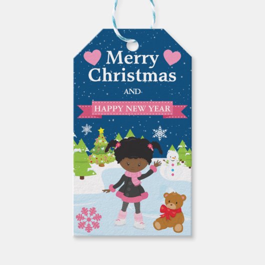 Festive African American Ice Skating Girl ギフトタグ (正面)
