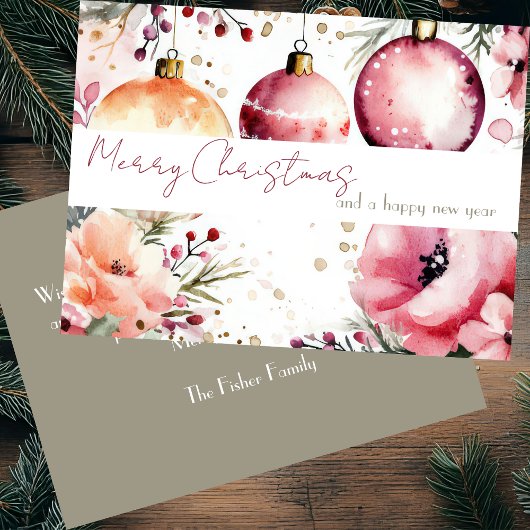 Festive and elegant Christmas Baubles and Flowers カード