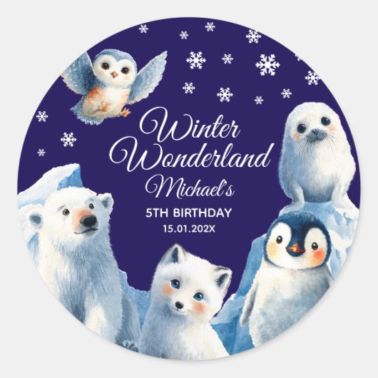 Festive Arctic Animals Blue Winter Kids' Birthday  ラウンドシール (正面)