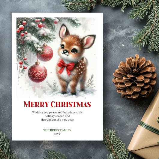 Festive Baby Deer Winter Scene Watercolor Greeting シーズンカード