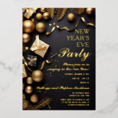 Festive Baubles Black Gold New Years Eve Party 箔招待状 (正面)