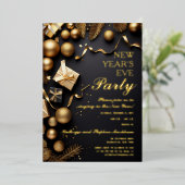 Festive Baubles Black Gold New Years Eve Party 箔招待状 (立ち正面)
