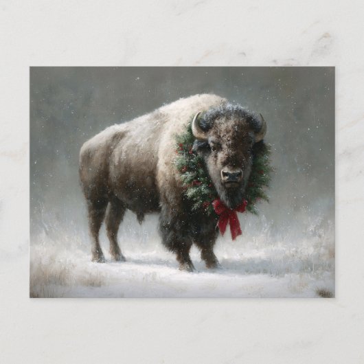 Festive Bison with Holiday Wreath ポストカード (正面)