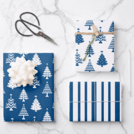 Festive Blue and White Christmas Tree Pattern ラッピングペーパーシート