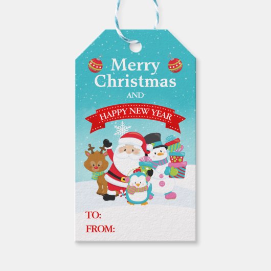 Festive Blue Christmas Friends ギフトタグ (正面)