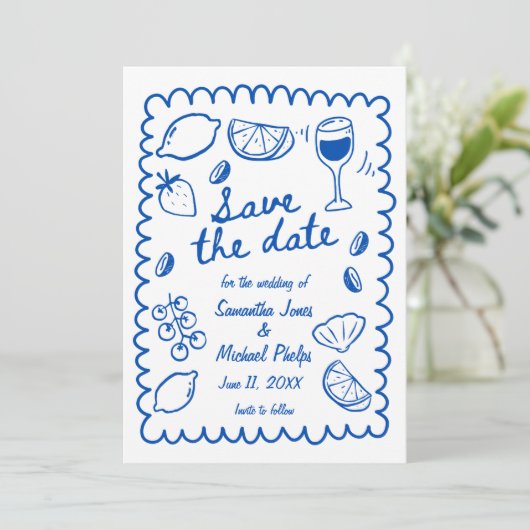 Festive Blue Coastal Wedding Save the Date (スタンド正面)
