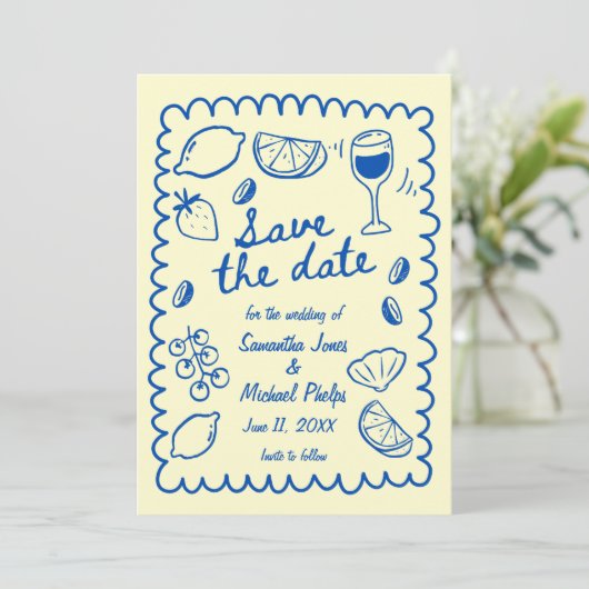 Festive Blue Coastal Wedding Save the Date (スタンド正面)