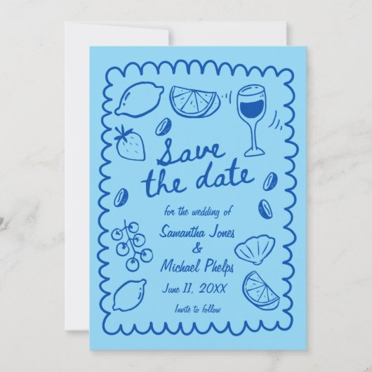 Festive Blue Coastal Wedding Save the Date (正面)
