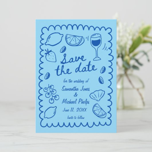 Festive Blue Coastal Wedding Save the Date (スタンド正面)