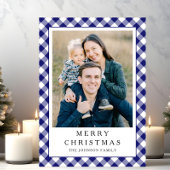 Festive Blue Gingham Photo Christmas シーズンカード