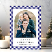 Festive Blue Gingham Photo Christmas シーズンカード