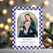 Festive Blue Gingham Photo Christmas シーズンカード