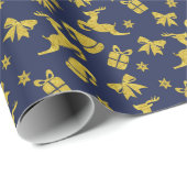 Festive Blue Gold Reindeer Christmas Holiday ラッピングペーパー (ロールコーナー)