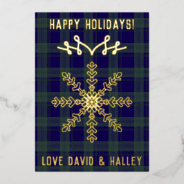 Festive Blue Green Tartan Bold Snowflake Christmas 箔シーズンカード