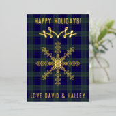 Festive Blue Green Tartan Bold Snowflake Christmas 箔シーズンカード (立ち正面)