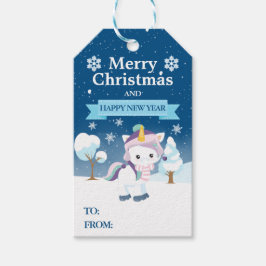 Festive Blue Purple & White Christmas Unicorn ギフトタグ