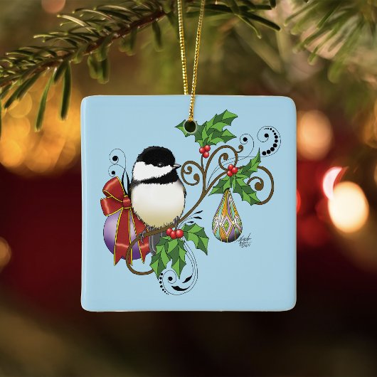 Festive Blue Vintage Christmas Chickadee セラミックオーナメント