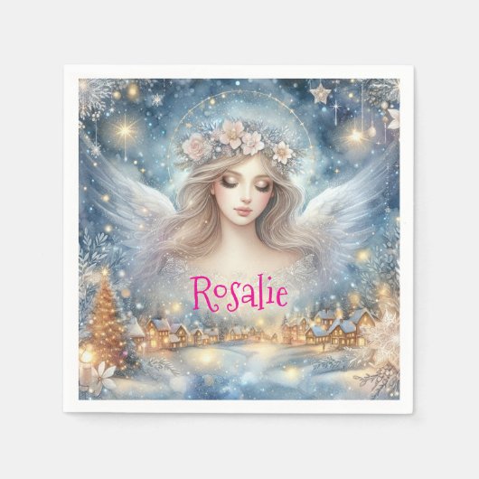 Festive Blue Watercolor Ethereal Frost Snow Angel スタンダードカクテルナプキン (正面)