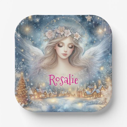 Festive Blue Watercolor Ethereal Frost Snow Angel ペーパープレート (正面)