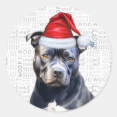 Festive Bluenose Pitbull Woof Word Art Christmas ラウンドシール (正面)