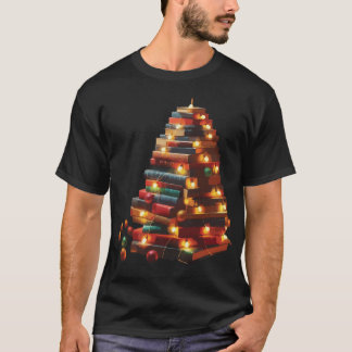 Festive Book Christmas Tree with String Lights Tシャツ