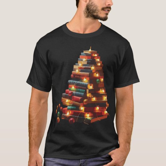 Festive Book Christmas Tree with String Lights Tシャツ (正面)