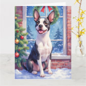 Festive Boston Terrier Christmas Art カード (黄色い花)