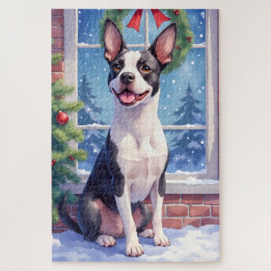 Festive Boston Terrier Christmas Art ジグソーパズル (縦)