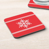 Festive Bright Red White Racing Stripes Snowflake コースター (左側)