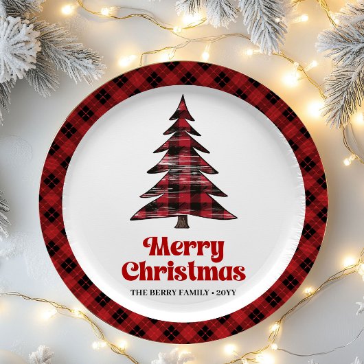 Festive Buffalo Check Christmas Name Paper Plates ペーパープレート