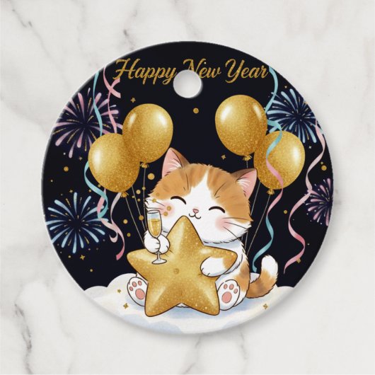 Festive Calico Cat Celebrating New Year with Firew フェイバータグ (正面)