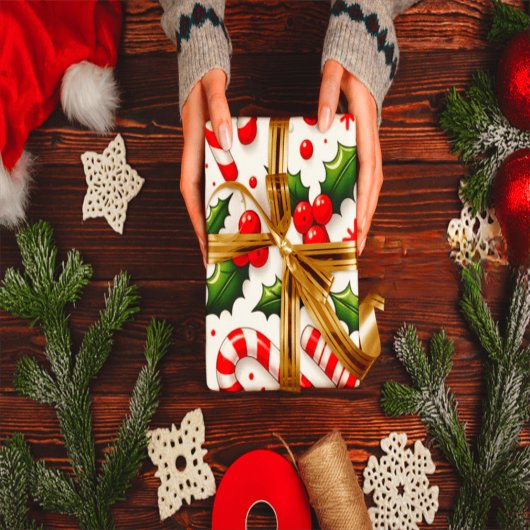 Festive Candy Cane & Holly Christmas Wrapping Pape ラッピングペーパー