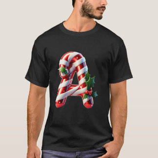 Festive Candy Cane Letter A Holly Design Tシャツ