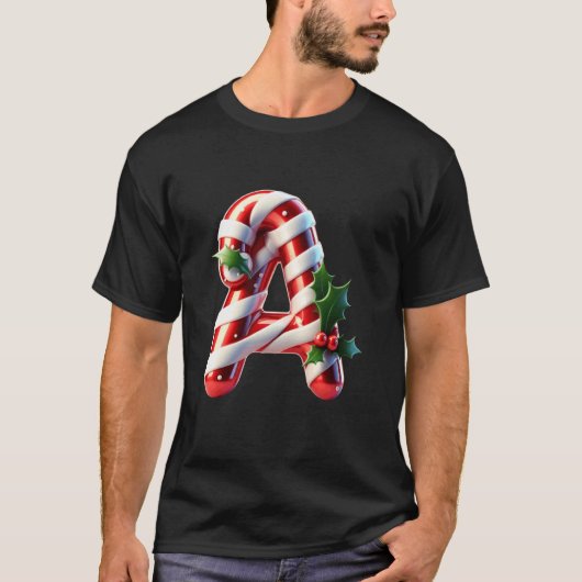 Festive Candy Cane Letter A Holly Design Tシャツ (正面)