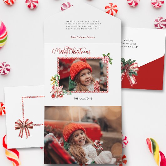 Festive Candy Cane Merry Christmas One Photo オールインワン招待状
