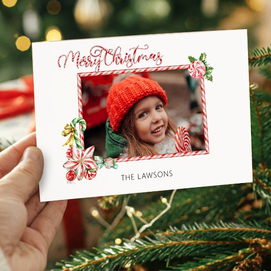 Festive Candy Cane Merry Christmas One Photo シーズンカード