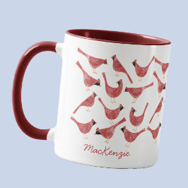 Festive Cardinal Bird Watercolor Personalized Name マグカップ