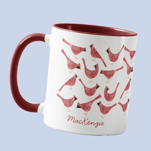Festive Cardinal Bird Watercolor Personalized Name マグカップ