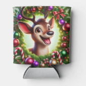 Festive Cartoon Reindeer with Christmas Decoration 缶クーラー (正面)